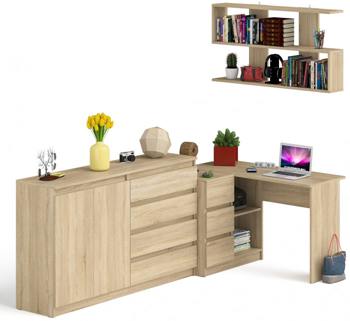 Мори компьютерный стол МС-16 левый + Комод МК1600.1 + Полка 1200, дуб сонома