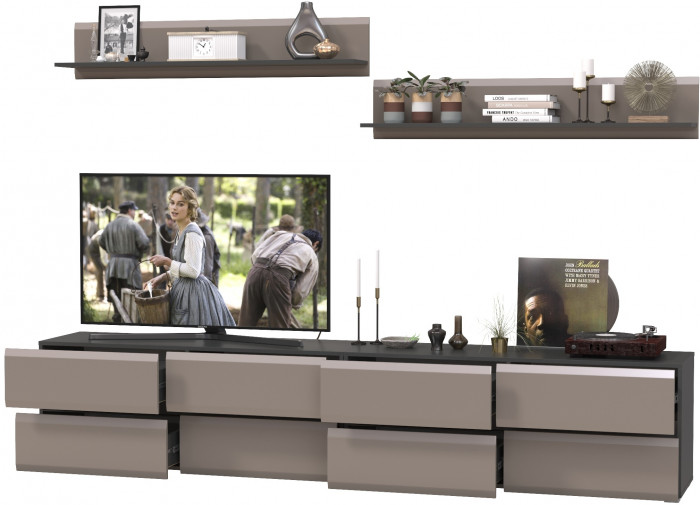 Сидней Комплектация № 044, цвет корпус: антрацит/фасады: МДФ веллюто капучино, ШхГхВ 260х41,3х200 см., ниша для ТВ 130х41х100 см., универс. сборка