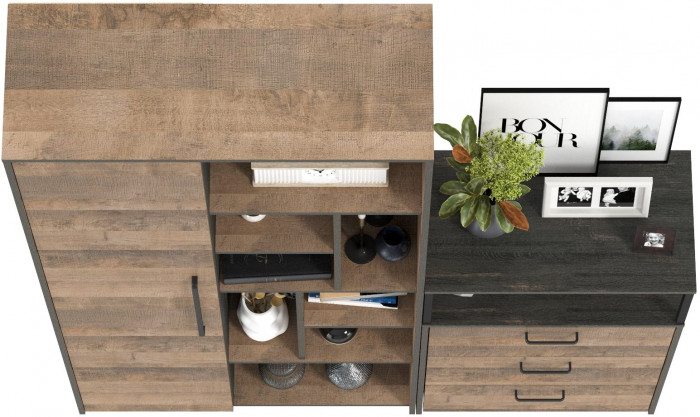 Трувор 13.206 Шкаф-стеллаж + 13.307.02 Комод с ящиками, цвет дуб гранж песочный/интра, ШхГхВ 159х37х194,2 см., универсальная сборка