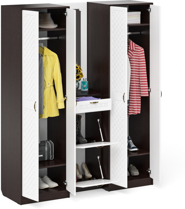 Прихожая П-6 Компоновка № 14, цвет венге/фасады МДФ белое дерево фрезеровка ромб, ШхГхВ 170х50х210 см., универсальная сборка