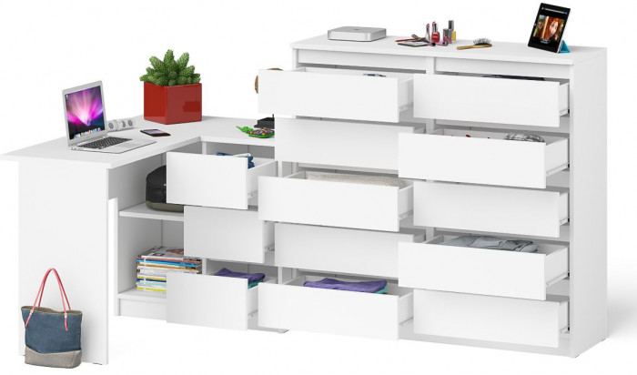 Мори Стол компьютерный МС-16 правый + Комод МК1200.10, цвет белый, ШхГхВ 244,8х84,9х115 см., выдвижные ящики справа, НЕ универсальная сборка