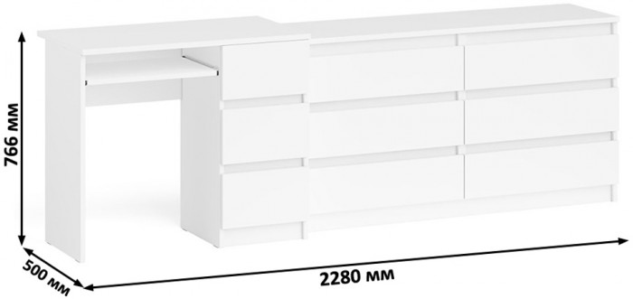 Мори Стол компьютерный МС-6 правый + Комод МК1380.6, цвет белый, ШхГхВ 228х50х76,6 см., выдвижные ящики справа, НЕ универсальная сборка