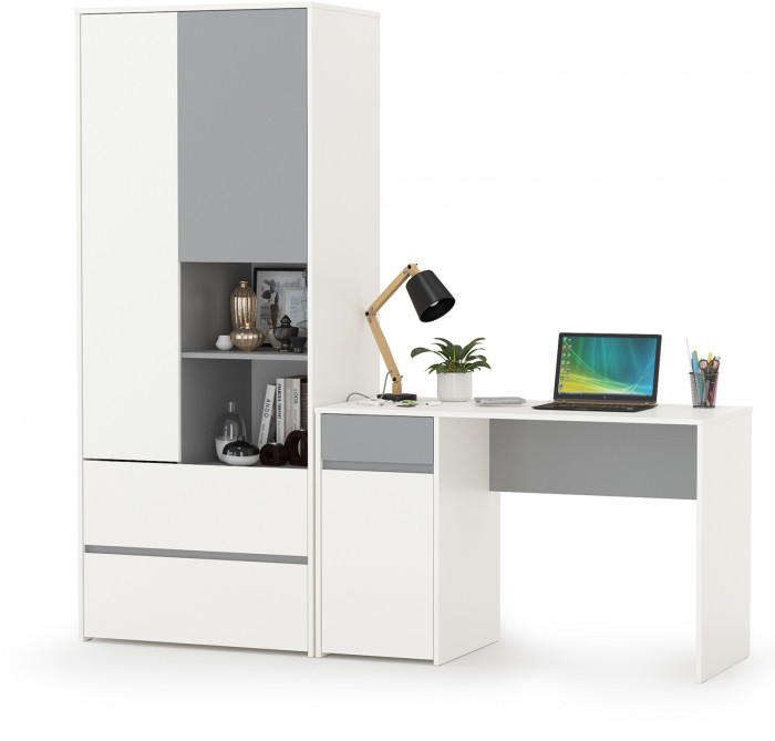 Торонто 12.149 Стол + 13.333 Шкаф для одежды, белый шагрень/стальной серый