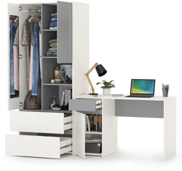 Торонто 12.149 Стол + 13.333 Шкаф для одежды, белый шагрень/стальной серый