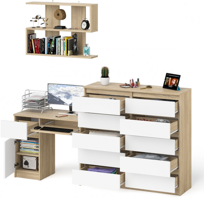 Мори Стол компьютерный МС-1 левый + Комод МК1200.10 + Полка 900, цвет дуб сонома/белый, ШхГхВ 210,4х50х209,6 см., НЕ универсальная сборка