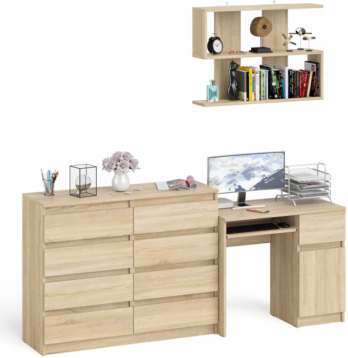 Мори Стол компьютерный МС-1 правый + Комод МК1200.8 + Полка 900, цвет дуб сонома, ШхГхВ 210,4х50х209,6 см., НЕ универсальная сборка