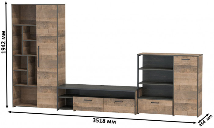 Трувор Гостиная 048, цвет дуб гранж песочный/интра, ШхГхВ 351,8х45,4х194,2 см., универсальная сборка