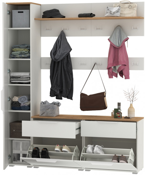 Октава Прихожая 34, белый шагрень/дуб крафт золотой/фасады МДФ белый шагрень