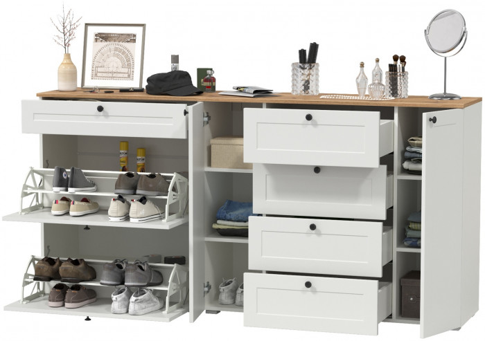 Остин 16.221 Комод + 16.121 Тумба для обуви, цвет белый шагрень/дуб крафт золотой, ШхГхВ 200х41,9х99,3 см., универсальная сборка