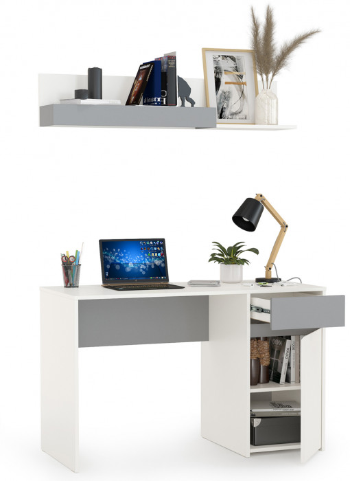 Торонто 12.149 Стол + 16.475 Полка, белый шагрень/стальной серый