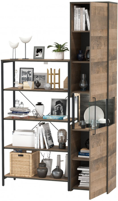 Трувор 13.151.01 Стеллаж + 13.205 Шкаф-пенал с витриной, дуб гранж песочный/интра