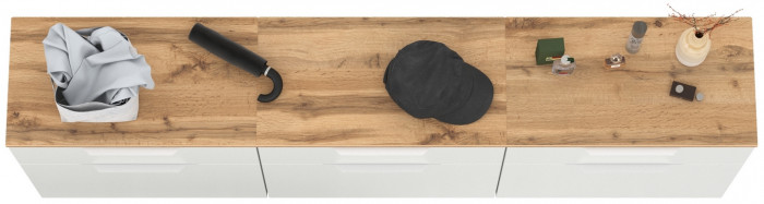 Октава 16.127 Тумба для обуви + 16.127 Тумба + 16.127 Тумба, цвет белый шагрень/дуб крафт золотой/фасады МДФ белый шагрень, ШхГхВ 194,7х35,4х62,2 см.