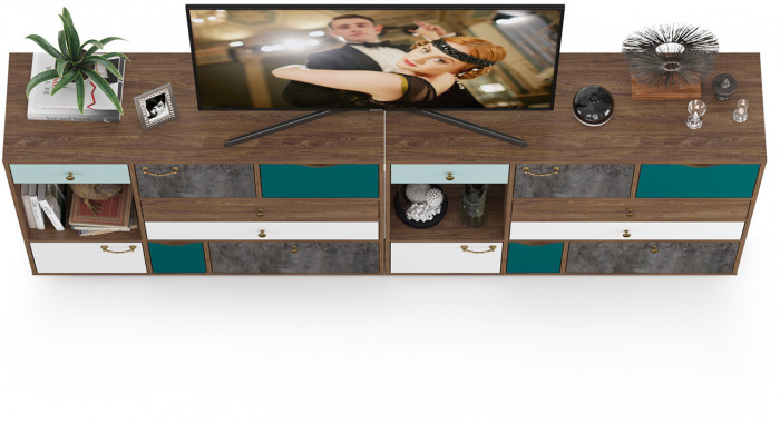 Вайс Комод 10.104 + Комод 10.104, цвет морское дерево винтаж/камень тёмный/бензин/мята/белый премиум, ШхГхВ 242,4х39,9х88,8 см., НЕ универс. сборка