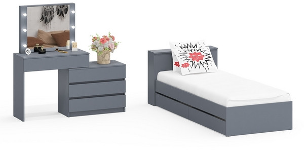 Ксения Кровать с ящиками 0900 + Стол косметический с подсветкой 110, графит