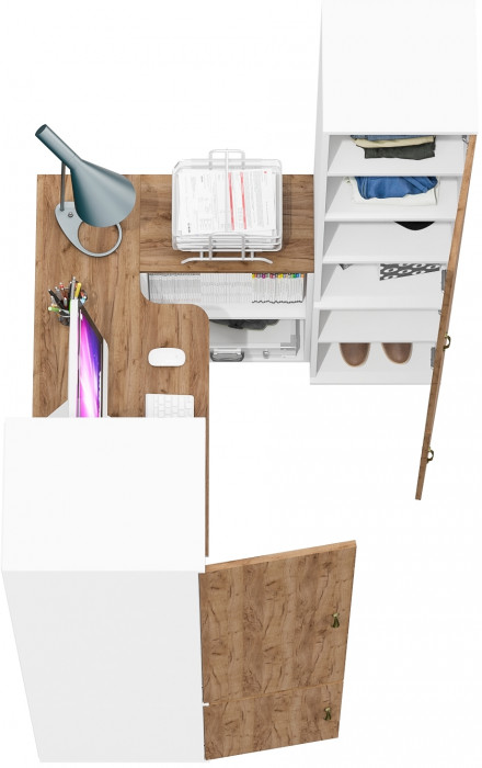 Лидер-8 Пенал МД 23Б + Стол + Пенал 22Б, цвет белый шагрень/крафт золото, ШхГхВ 245х50/37,5х75/190 или 155х120/50х75/190 см., НЕ универсальная сборка