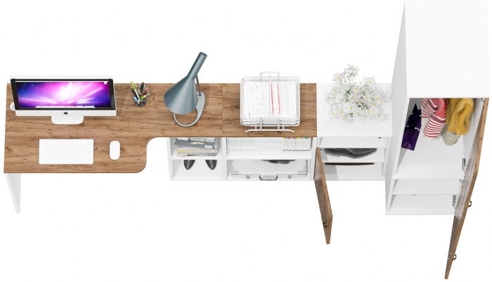 Лидер-8 Стол + Тумба МД 3.19 + Пенал МД 23Б, цвет белый шагрень/крафт золото, ШхГхВ 245х50х75/190 или 155х120/50х75/190 см., НЕ ун. сборка