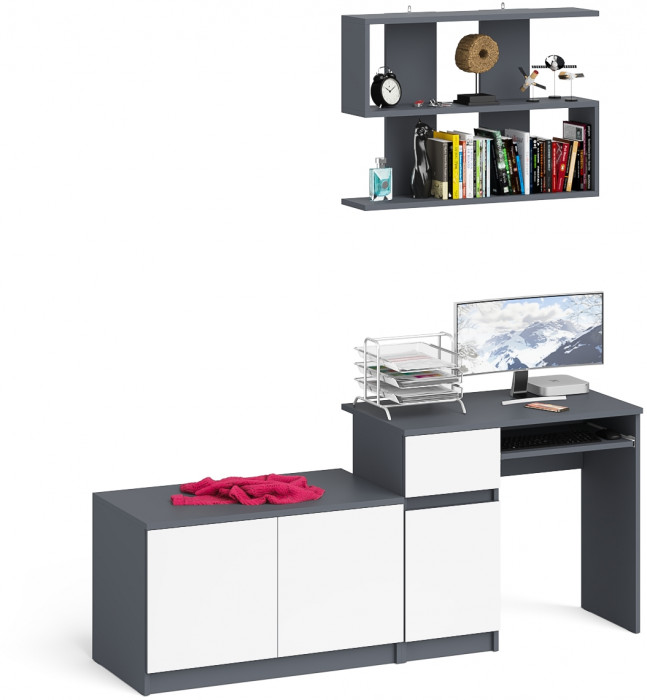 Мори Стол компьютерный МС-1 левый + Тумба МА900.1 + Полка 900, цвет графит/белый, ШхГхВ 180,4х50,4х209,6 см., НЕ универсальная сборка