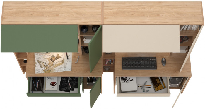 Два стола компьютерных Комфорт 12.71, цвет гикори рокфорд натуральный/дымчатый зелёный/гикори рокфорд натур./сатин, 233,4х60,2х165,4 см., НЕ ун. сб.