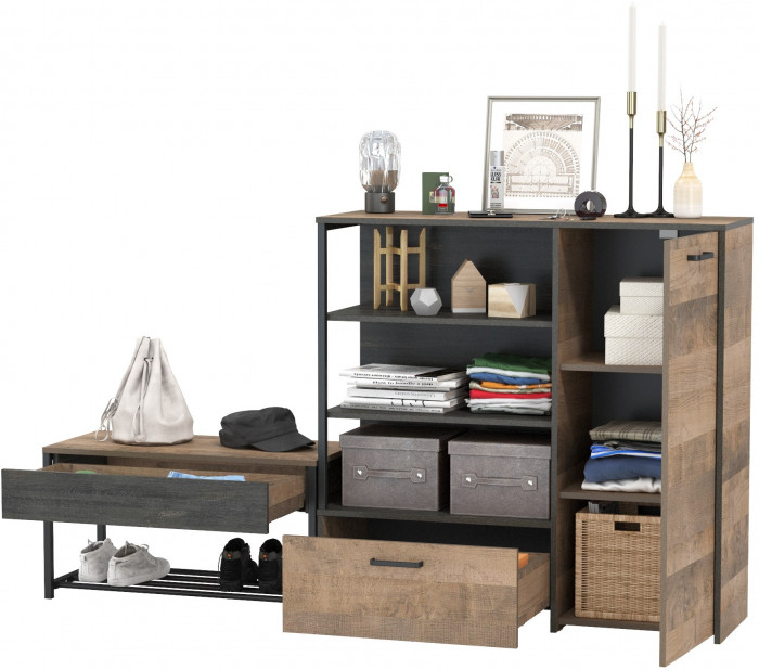 Трувор 13.241.03 Тумба для обуви + 13.307.01 Комод, цвет дуб гранж песочный/интра, ШхГхВ 189х36,9х106,9 см., универсальная сборка