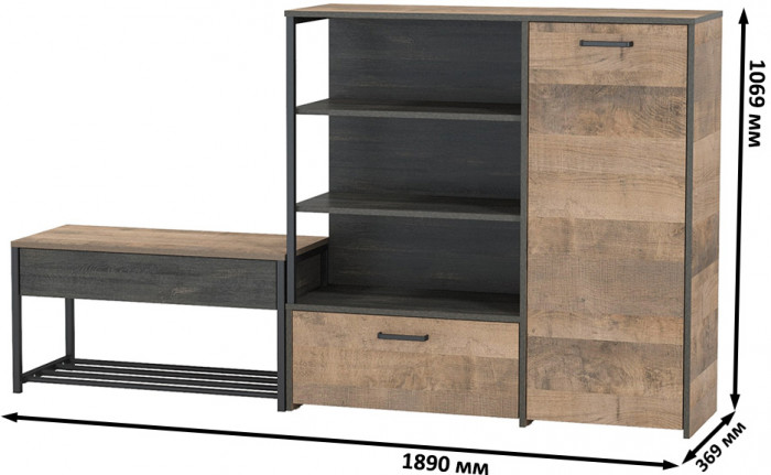 Трувор 13.241.03 Тумба для обуви + 13.307.01 Комод, цвет дуб гранж песочный/интра, ШхГхВ 189х36,9х106,9 см., универсальная сборка