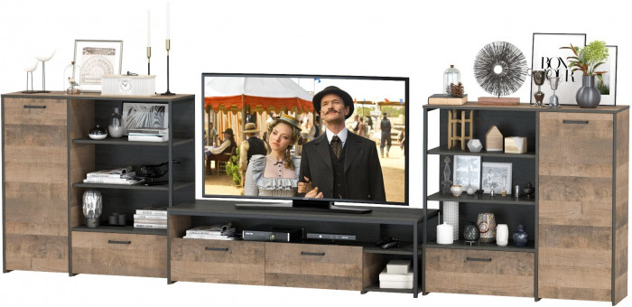 Трувор Гостиная 050, цвет дуб гранж песочный/интра, ШхГхВ 367,8х45,4х106,9 см., универсальная сборка