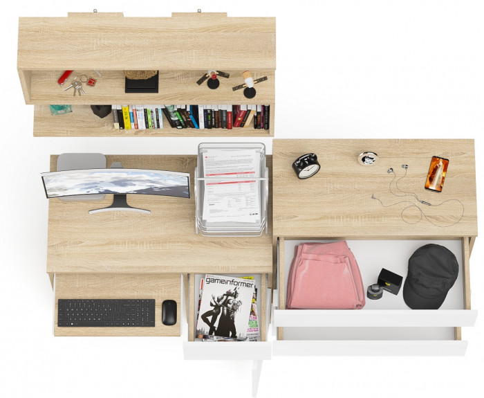 Мори компьютерный стол МС-1 правый + Комод МК800.4 + Полка 900, дуб сонома/белый