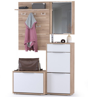 Куба Прихожая 7, обувница 13.58 + Вешалка 10.122 + обувница 13.114 + Зеркало, цвет дуб сонома/белый премиум, ШхГхВ 115х38,3х210,6 см., ун. сборка