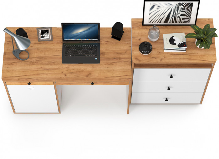 Вуди Стол письменный 12.42 + Комод 13.293, цвет белый премиум/дуб крафт золотой, ШхГхВ 180х52,7х93,2 см., универсальная сборка