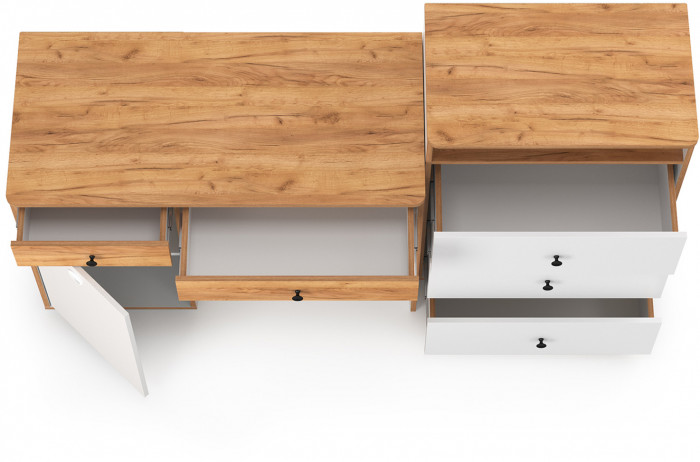 Вуди Стол письменный 12.42 + Комод 13.293, цвет белый премиум/дуб крафт золотой, ШхГхВ 180х52,7х93,2 см., универсальная сборка