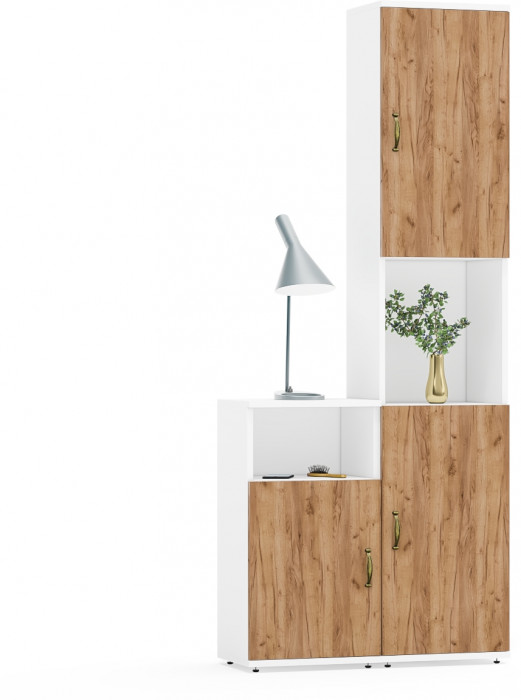 Лидер-8 Пенал + Тумба МД 3.19, цвет белый шагрень/крафт золото, ШхГхВ 80х30х190 см., универсальная сборка