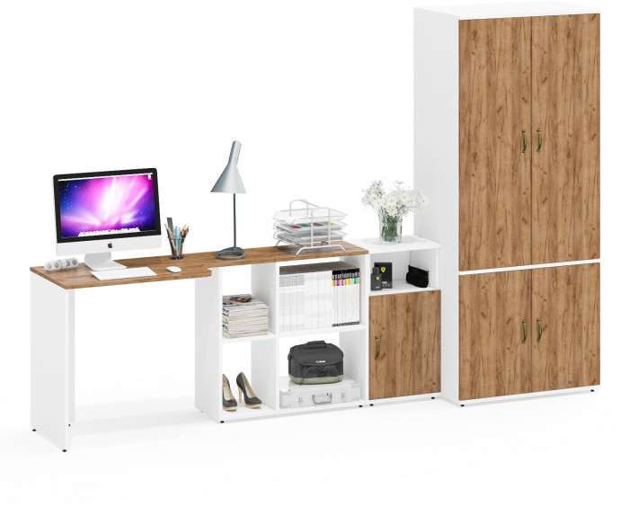 Лидер-8 Стол + Тумба МД 3.19 + Шкаф МД 19Б, цвет белый шагрень/крафт золото, ШхГхВ 285х50/37,5х75/190 или 115х200/50х75/190 см., НЕ ун. сборка