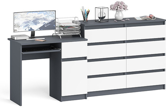 Мори Стол компьютерный МС-1 правый + Комод МК1200.8, цвет графит/белый, ШхГхВ 210,4х50х94 см., выдвижной ящик справа, НЕ универсальная сборка