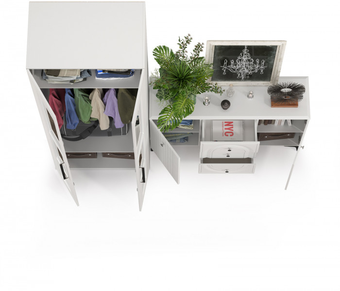 Валенсия Спальня 13.309 Комод + 13.329 Шкаф для одежды, цвет ЛДСП белый шагрень/МДФ белый шагрень, ШхГхВ 217,2х54,2х225,3 см.