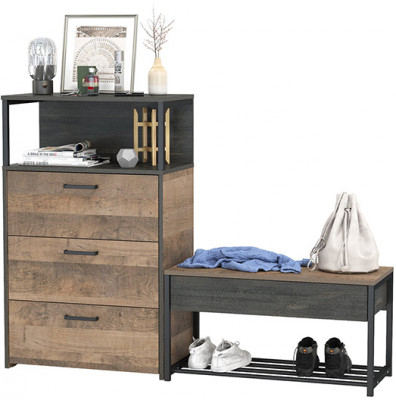 Трувор 13.241.03 Тумба для обуви + 13.307.02 Комод с ящиками, цвет дуб гранж песочный/интра, ШхГхВ 146х37х106,9 см., универсальная сборка