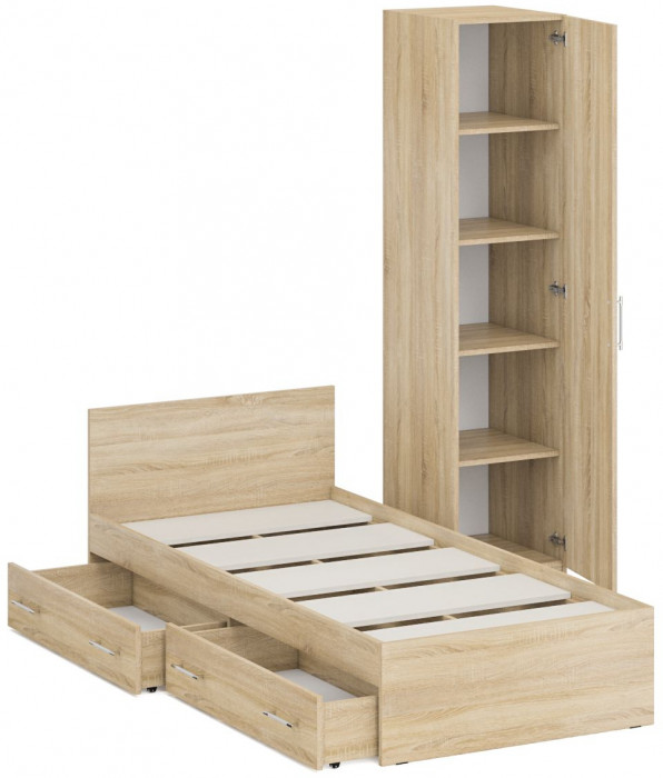 Кровать с ящиками 0900 + Пенал Стандарт, цвет дуб сонома, ШхГхВ 93,5х203,5х70 + 45х52х200 см., сп.м. 900х2000 мм., без матраса, основание есть