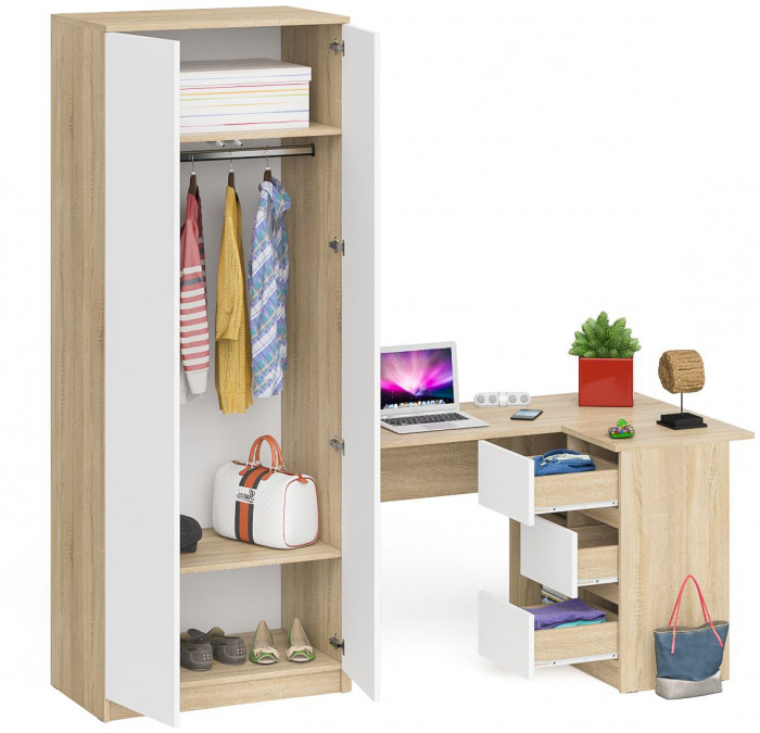 Мори Стол компьютерный МС-16 правый + Шкаф МШ800.1, цвет дуб сонома/белый, ШхГхВ 204,8х84,9х209,6 см., выдвижные ящики справа, НЕ универсальная сборка