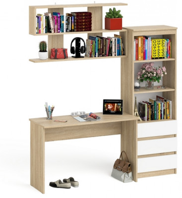 Мори Стол письменный МСП1200.1 + Стеллаж МСТ600.3 + Полка 1200, цвет дуб сонома/белый, ШхГхВ 180,8х50х209,6 см., универсальная сборка