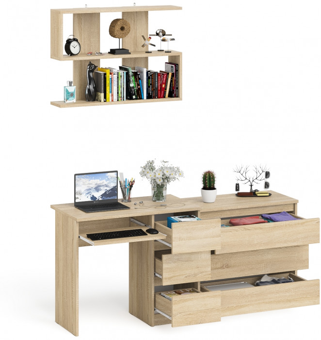 Мори компьютерный стол МС-6 правый + Комод МК800.1 + Полка 900, дуб сонома