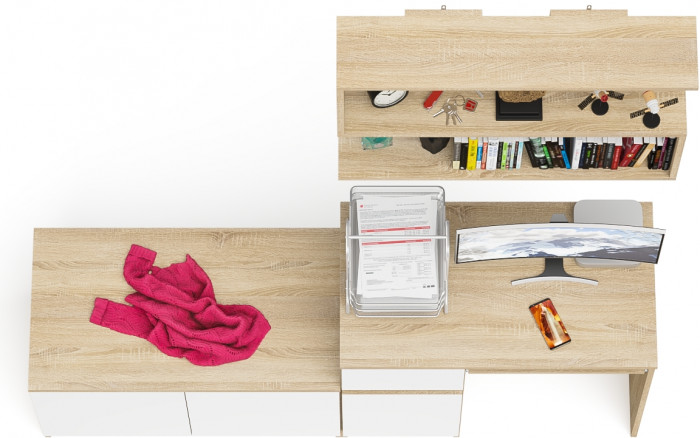 Мори Стол компьютерный МС-1 левый + Тумба МА900.1 + Полка 900, цвет дуб сонома/белый, ШхГхВ 180,4х50,4х209,6 см., НЕ универсальная сборка