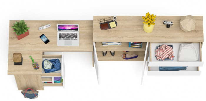 Мори компьютерный стол МС-16 левый + Комод МК1600.1, дуб сонома/белый