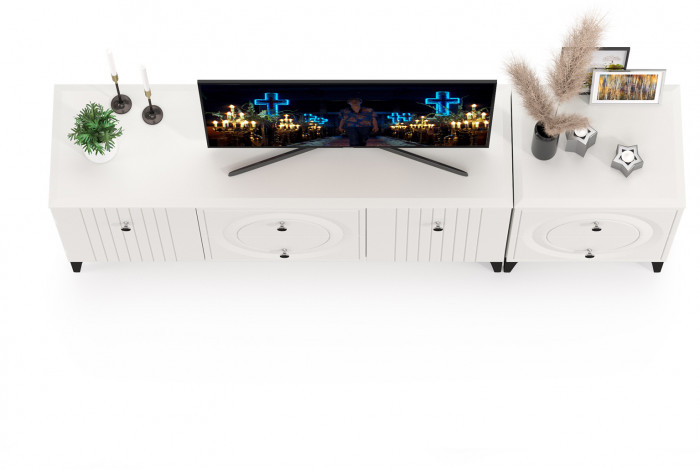 Валенсия Гостиная 16.45 Тумба под ТВ + 13.291 Тумба, цвет ЛДСП белый шагрень/МДФ белый шагрень, ШхГхВ 182,3х38,4х63,7 см.