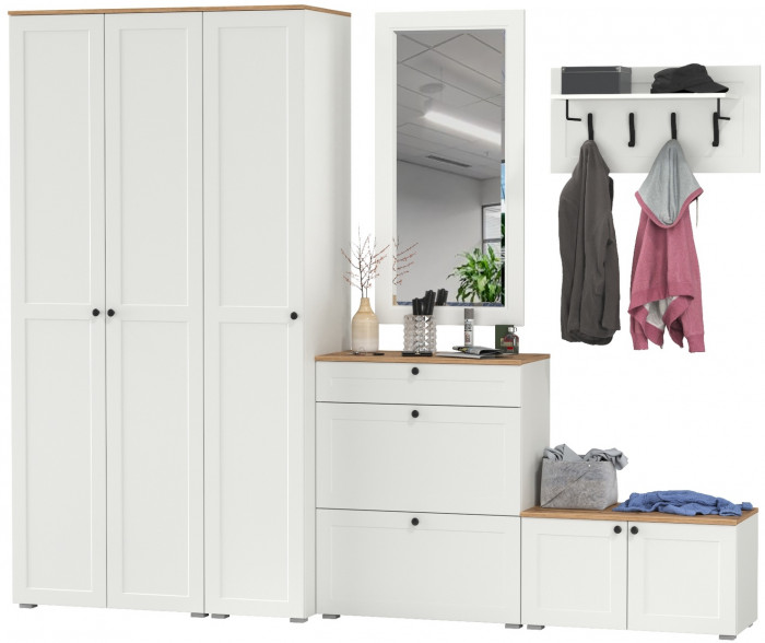 Остин Прихожая 49, цвет белый шагрень/дуб крафт золотой, ШхГхВ 280х54,3х229,6 см., универсальная сборка