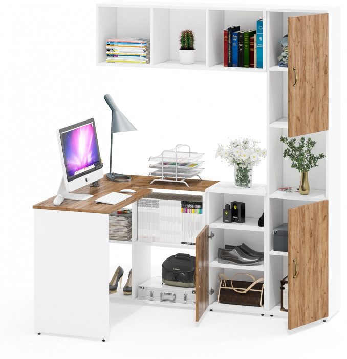 Лидер-8 Стол + Полка + Тумба МД 3.19 + Пенал, цвет белый шагрень/крафт золото, ШхГхВ 245х50/30х75/190 или 160х115/30х75/190 см., НЕ универс. сб.