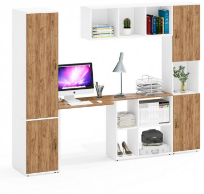 Лидер-8 Пенал МД 23Б + Стол + Полка + Пенал, цвет белый шагрень/крафт золото, ШхГхВ 245х50х75/190 или 155х120/50х75/190 см., НЕ универсальная сборка