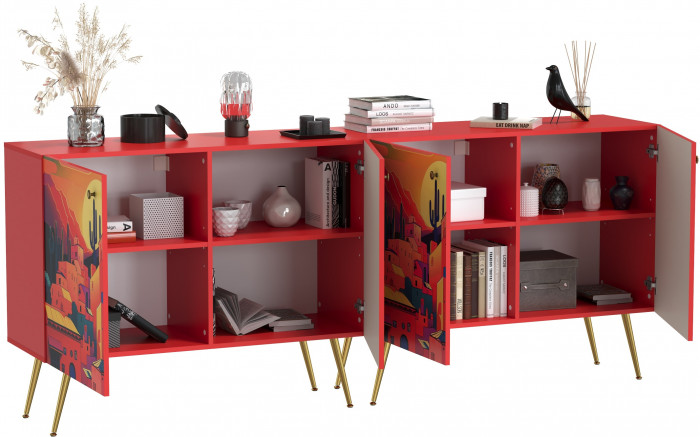 Кармин Комод-тумба 16.230.03 + Кармин Комод-тумба 16.230.03, цвет красный/белый, ШхГхВ 230,6х42,6х93,2 см., фасады с рисунком Бразильские домики