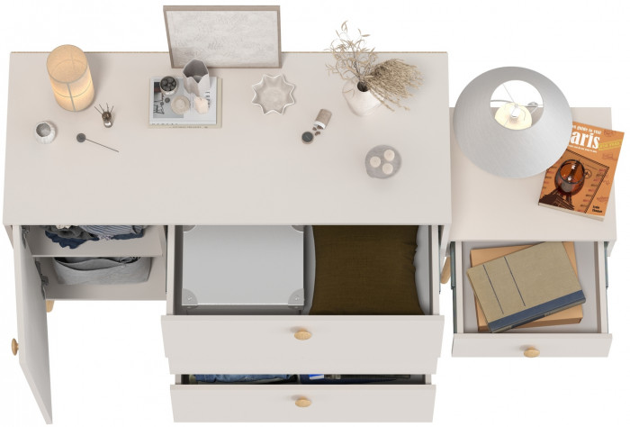 Афина Спальня Комод с дверкой и тремя ящиками + Тумба прикроватная, цвет кашемир серый, ШхГхВ 110х45,3х83 + 45х37х45 см., универсальная сборка