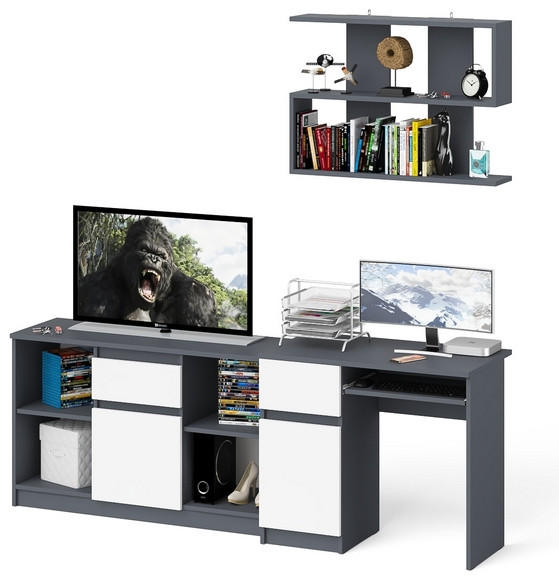 Мори Стол компьютерный МС-1 левый + Тумба МТВ1204.1 + Полка 900, цвет графит/белый, ШхГхВ 210,4х50х209,6 см., НЕ универсальная сборка