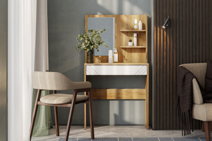 Стол туалетный с зеркалом Байкал, Дуб Золотой, Белый матовый