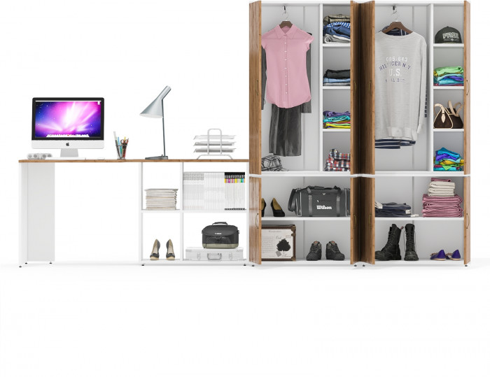 Лидер-8 Стол + Шкаф МД 20Б + Шкаф МД 20Б, цвет белый шагрень/крафт золото, ШхГхВ 325х50/37,5х75/190 или 115х240/50х75/190 см., НЕ ун. сборка