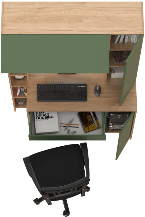 Стол компьютерный Комфорт 12.71 + кресло 103 чёрное, цвет гикори рокфорд натуральный/дымчатый зелёный, ШхГхВ 116,7х60,2х165,4 см., НЕ ун. сборка